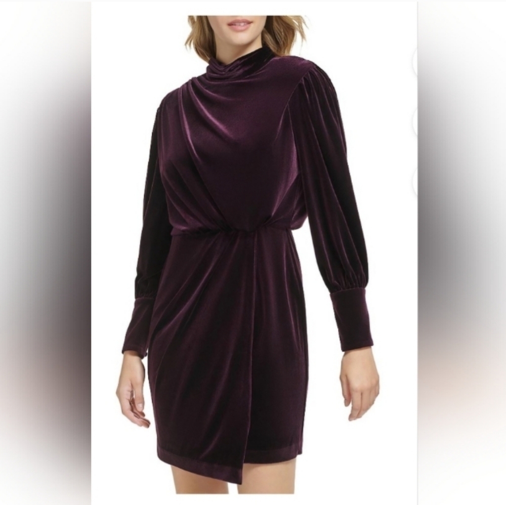 Karl Lagerfeld Ladies Draped Faux Wrap Velvet Long Sleeve Dress Size 6 Purple - Picture 1 of 16